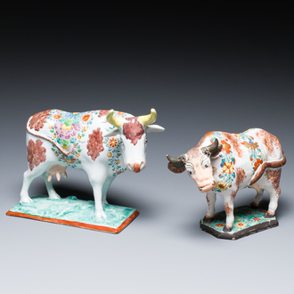 Two polychrome petit feu Dutch Delft standing cows, 18th C.