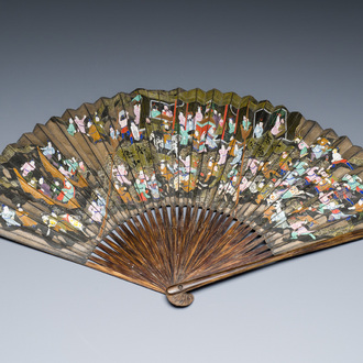 A large Chinese bamboo fan with a 'Water Margin' scene in ink and colours on black paper, Canton, 19th C.