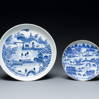 Two Chinese blue and white 'Bleu de Hue' plates for the Vietnamese market, Ngoan Ngoc and Noi Phu Thi Huu mark, 19th C.