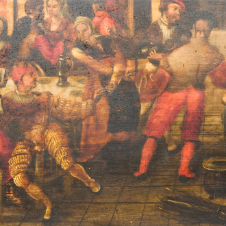 Vlaamse school: 'Feest vieren in een herberg', olieverf op paneel, 17e eeuw