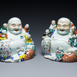 Two Chinese famille rose figures of Buddha, Zhu Mao Ji Zao 朱茂記造 mark, Republic