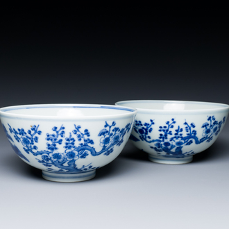 A pair of Chinese blue and white 'Three Friends of winter' bowls, Guangxu mark and of the period