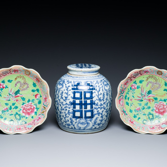 A pair of Chinese famille rose plates and a blue and white jar for the Straits or Peranakan market, 19th C.