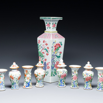 Eight small Chinese famille rose and verte vases and a larger square vase, Yongzheng/Qianlong