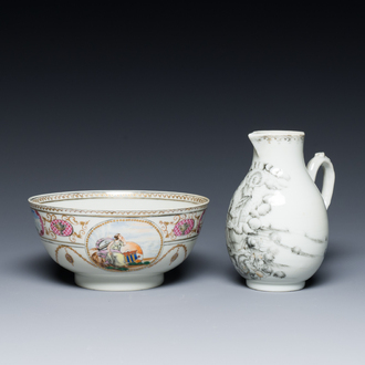 A Chinese grisaille 'Crucifixion' jug and a bowl for the American market, Qianlong