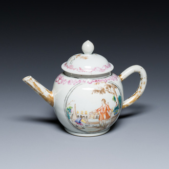 A Chinese famille rose export porcelain 'mythological subject' teapot, Qianlong