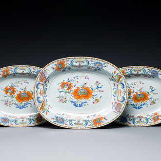 Three oval Chinese famille rose 'Pompadour' dishes, Qianlong, ca. 1745