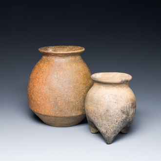 Two Chinese pottery storage or cooking vessels, 'Li', Neolithic period