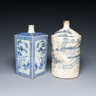 Un flacon de forme carrée en porcelaine d'Arita en bleu et blanc et une bouteille dans le style de Tangen, 'tokkuri', Japon, Edo, 18/19ème