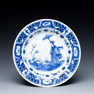 A Japanese blue and white Arita plate with 'Parasol ladies' after Cornelis Pronk, Edo, 18th C.