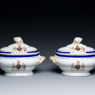 A pair of Chinese famille rose tureens and covers for the English market with the arms of Kenyon impaling Kenyon, Qianlong