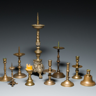 A varied collection of ten brass and bronze candlesticks, Western Europe, 15th C. and later