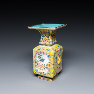 A Chinese yellow-ground Canton enamel 'European subject' vase, Qianlong mark and of the period