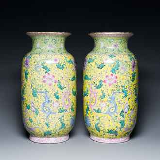 A pair of Chinese famille rose yellow-ground 'dragon' vases, Qianlong mark, Republic