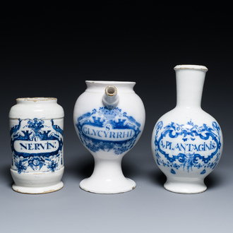 Three Dutch Delft blue and white pharmacy jars, 18th C.