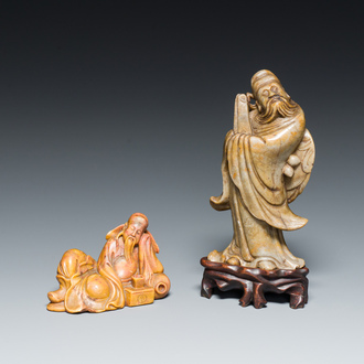 Two Chinese soapstone sculptures of Zhongkui and of Li Bai, signed Ni Zhi, 18/19th C.