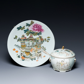A Chinese qianjiang cai dish with Dai Yucheng 戴裕成 seal mark and a covered bowl, signed Yu Luchang 余吕昌 and dated 1885
