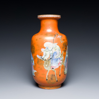 A Chinese famille rose coral-red-ground 'Immortals' rouleau vase, Qianlong mark, Republic