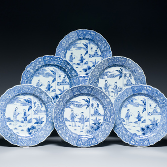 Six Chinese blue and white 'Xi Xiang Ji' plates, Qianlong