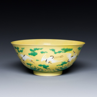 A Chinese yellow-ground 'cranes' bowl, Yongzheng mark and probably of the period