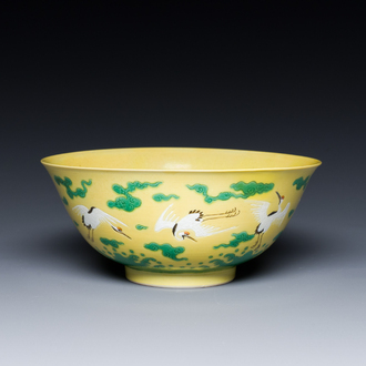 A Chinese yellow-ground 'cranes' bowl, Yongzheng mark and probably of the period