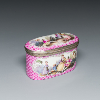An oval gilt-silver-mounted polychrome Meissen porcelain snuff-box and cover, Germany, 3rd quarter 18th C.