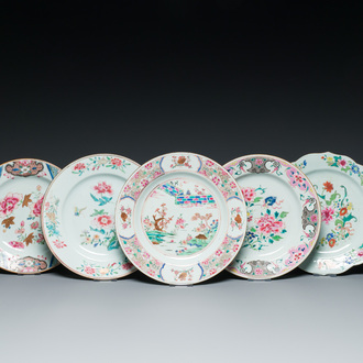 Five Chinese famille rose plates, Yongzheng/Qianlong