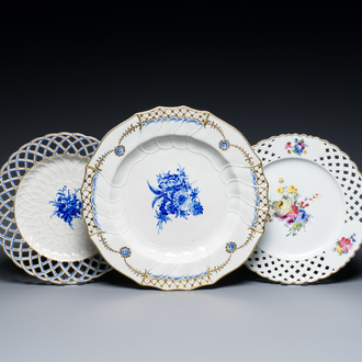 Three porcelain dishes with floral design, Tournai and The Hague, 18th C.