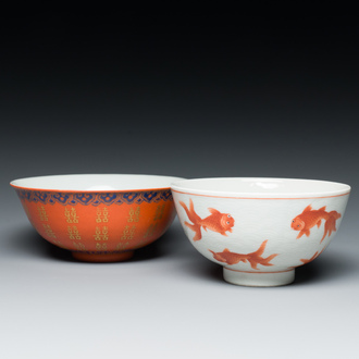 A Chinese iron-red  'goldfish' bowl and a 'Shou' bowl, Xianfeng and Guangxu marks and probably from the period