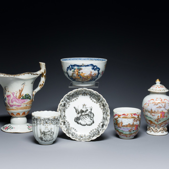 Six pièces en porcelaine de Chine famille rose et grisaille de la Compagnie des Indes, Qianlong