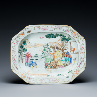 A Chinese octagonal famille rose 'mandarin subject' dish, Qianlong