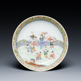 A Chinese famille rose 'playing boys' dish, Jiaqing mark, Republic