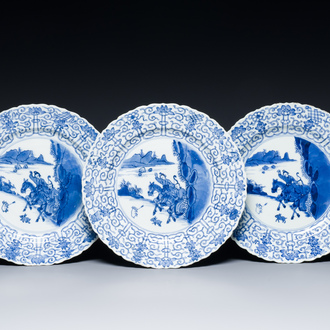 Three Chinese blue and white 'Mongolian hunt' dishes, Chenghua mark, Kangxi