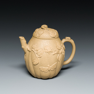 A Chinese Yixing stoneware teapot and cover with squirrels and butterflies, Chen Janyin 陳建寅 seal mark, Kangxi