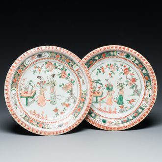 A pair of Chinese famille verte 'Xi Xiang Ji' plates, Kangxi
