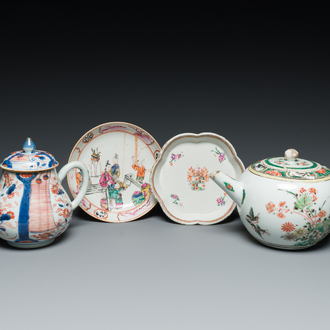 Two Chinese famille verte and Imari-style teapots and two saucers, Kangxi and later