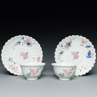 A pair of Chinese famille rose chrysanthemum-shaped cups and saucers, Yongzheng