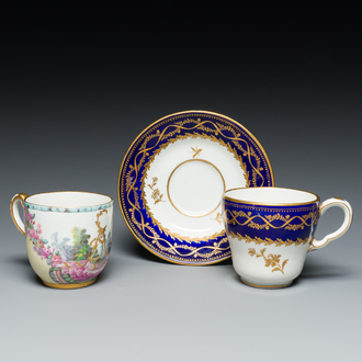 Two Tournai porcelain cups and a saucer, 18th C.