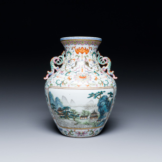 A Chinese famille rose 'hu' vase with fine landscapes, Qianlong mark, 19/20th C.