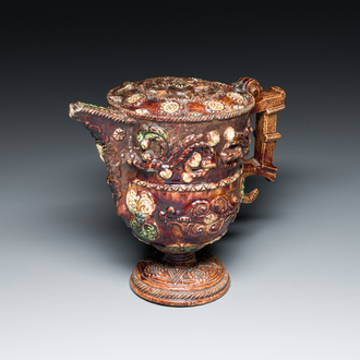 A French polychrome lead-glazed earthenware puzzle jug, Saintonge, 1st half 17th C.