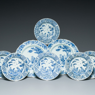 A pair of Chinese blue and white dishes and six plates, Kangxi/Qianlong