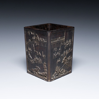 A Chinese square zitan wood brush pot with narrative design, 19th C.