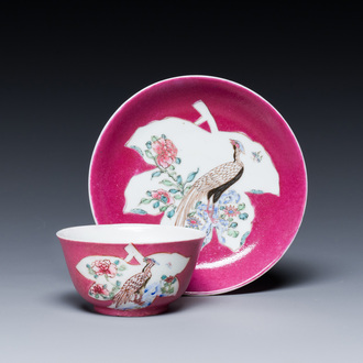 A Chinese famille rose ruby-pink-ground 'pheasants' cup and saucer, Yongzheng