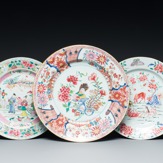 A Chinese famille rose dish and two plates, Yongzheng/Qianlong