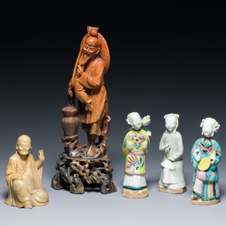 Two Chinese soapstone sculptures and three porcelain figures of ladies, Kangxi and later