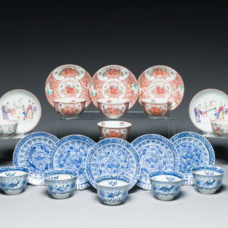 Ten Chinese blue, white, famille rose and Dutch-decorated cups and nine saucers, Kangxi and later