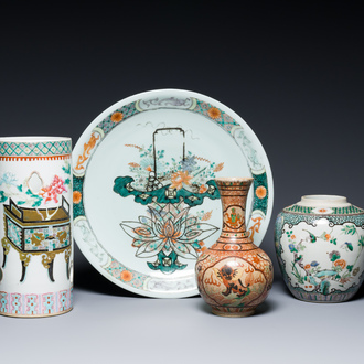 Three Chinese famille rose and verte vases and a dish, 19th C.