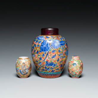 Two Chinese blue and white tea caddies and a jar with European overdecoration, Kangxi