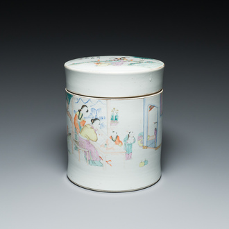 Grande boîte couverte de forme cylindrique en porcelaine de Chine famille rose, signée Wang Peizhang 汪佩璋, marque de Tongzhi, datée 1898