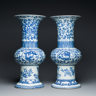 A pair of Chinese blue and white 'gu' vases, Qianlong mark, Republic